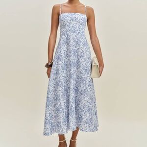 Reformation Monette Linen Midi Dress Blue White Floral 12 NWT